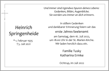 Anzeige von Heinrich Springenheide 