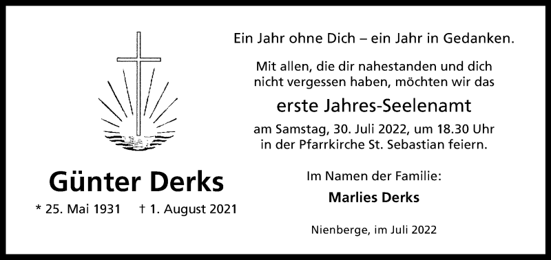  Traueranzeige für Günter Derks vom 23.07.2022 aus 