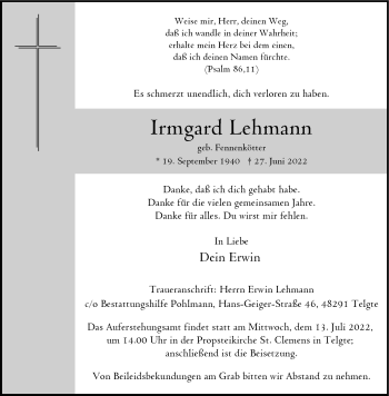 Anzeige von Irmgard Lehmann 