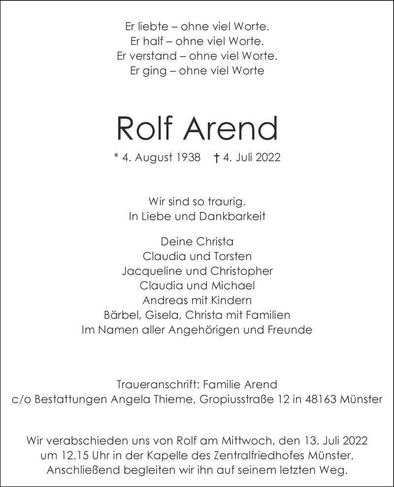  Traueranzeige für Rolf Arend vom 09.07.2022 aus 