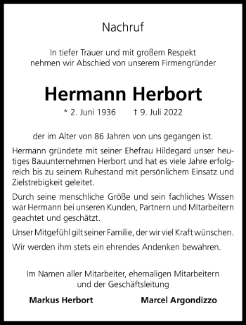 Anzeige von Hermann Herbort 