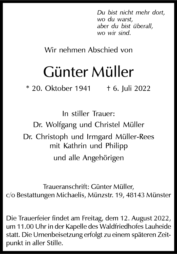  Traueranzeige für Günter Müller vom 23.07.2022 aus 