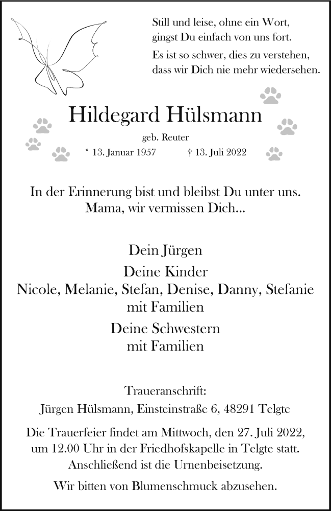  Traueranzeige für Hildegard Hülsmann vom 20.07.2022 aus 