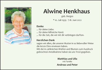 Anzeige von Alwine Henkhaus 