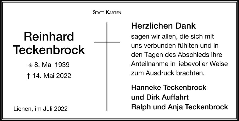  Traueranzeige für Reinhard Teckenbrock vom 23.07.2022 aus 