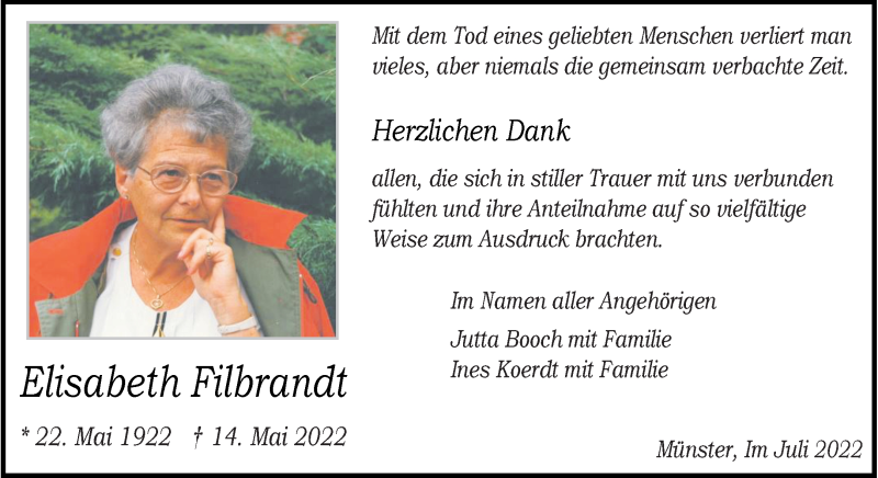  Traueranzeige für Elisabeth Filbrandt vom 09.07.2022 aus 