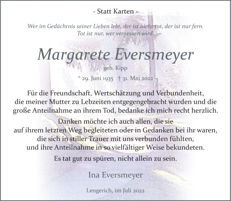  Traueranzeige für Margarete Eversmeyer vom 16.07.2022 aus 