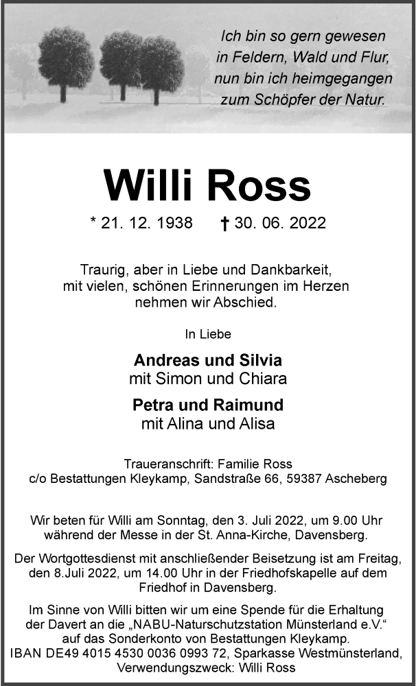 Traueranzeige für Willi Ross vom 02.07.2022 aus 