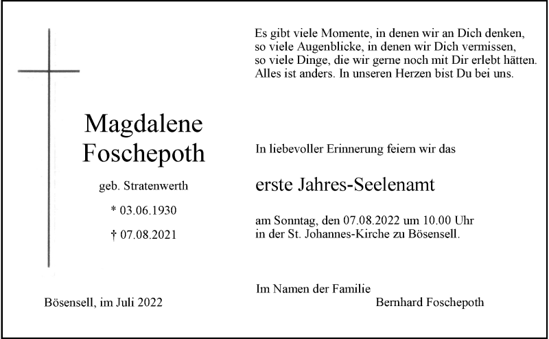  Traueranzeige für Magdalene Foschepoth vom 30.07.2022 aus 