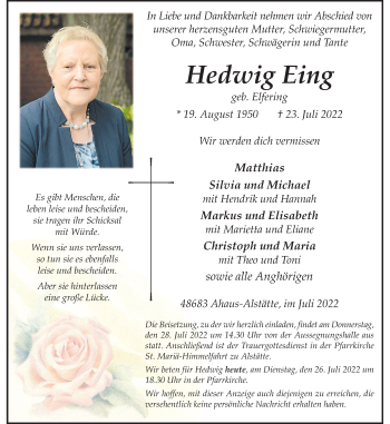 Anzeige von Hedwig Eing 