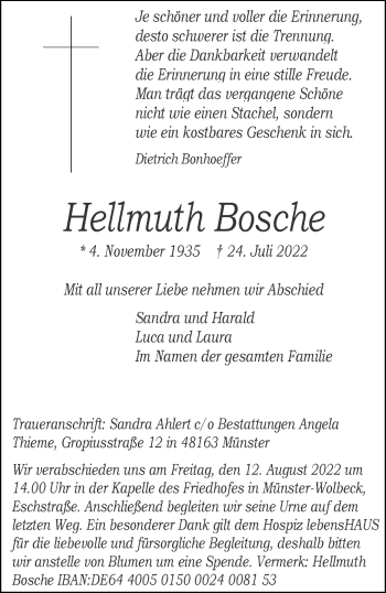 Anzeige von Hellmuth Bosche 