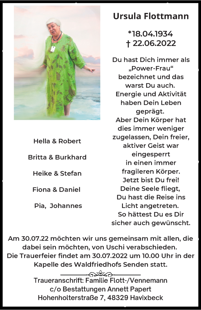  Traueranzeige für Ursula Flottmann vom 16.07.2022 aus 