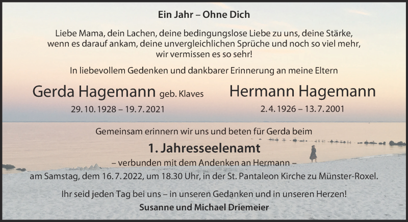  Traueranzeige für Gerda Hagemann vom 13.07.2022 aus 