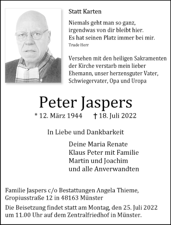 Anzeige von Peter Jaspers 
