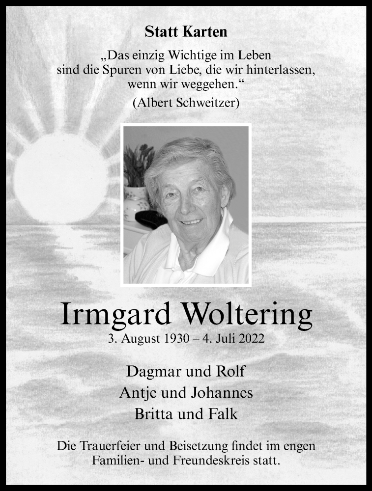  Traueranzeige für Irmgard Woltering vom 23.07.2022 aus 