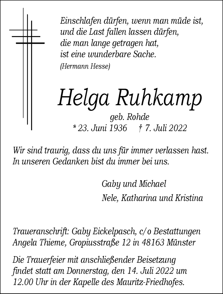  Traueranzeige für Helga Ruhkamp vom 13.07.2022 aus 