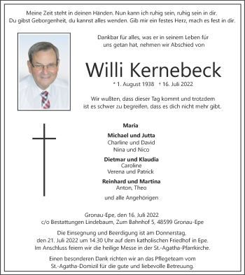 Anzeige von Willi Kernebeck 