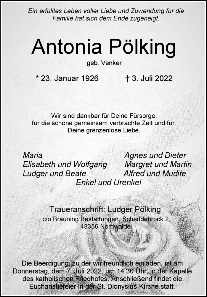  Traueranzeige für Antonia Pölking vom 05.07.2022 aus 