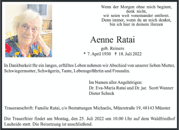 Anzeige von Aenne Ratai 