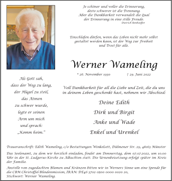 Anzeige von Werner Wameling 