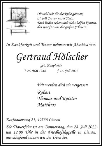 Anzeige von Gertraud Hölscher 