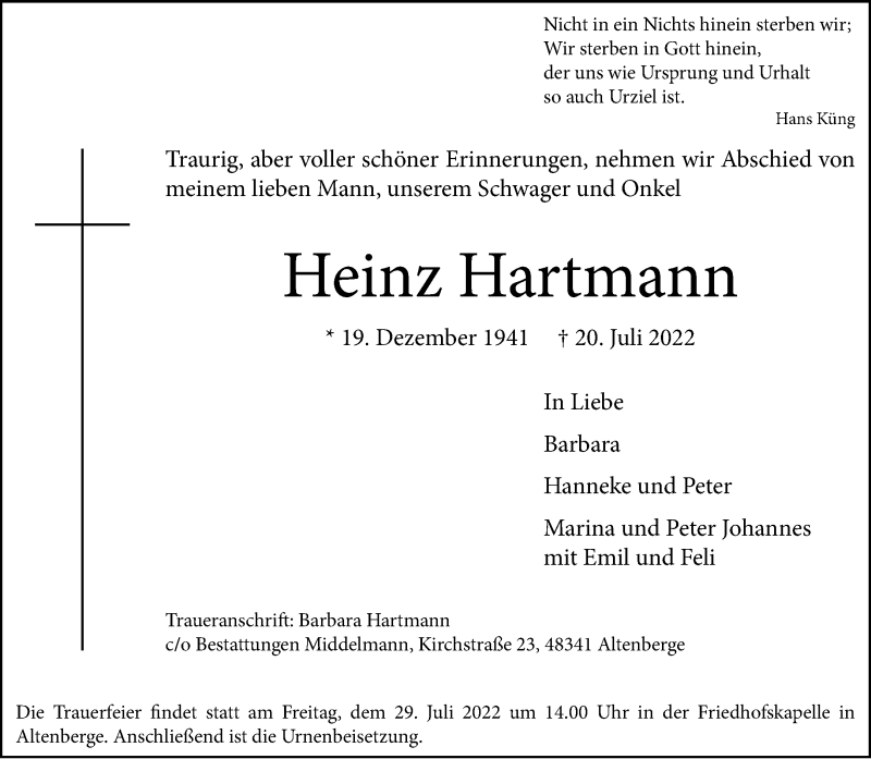  Traueranzeige für Heinz Hartmann vom 27.07.2022 aus 