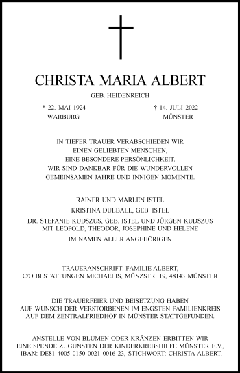 Anzeige von Christa Maria 