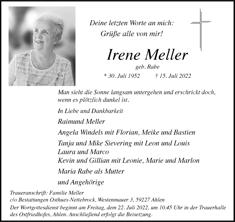  Traueranzeige für Irene Meller vom 20.07.2022 aus 