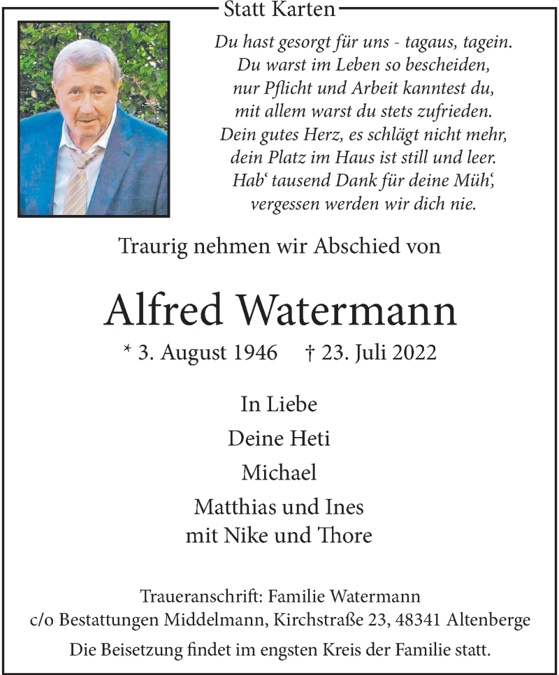  Traueranzeige für Alfred Watermann vom 30.07.2022 aus 