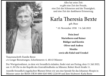 Anzeige von Karla Theresia Bexte 