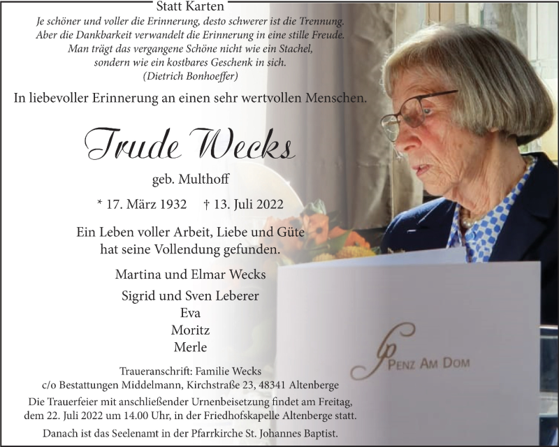  Traueranzeige für Trude Wecks vom 16.07.2022 aus 
