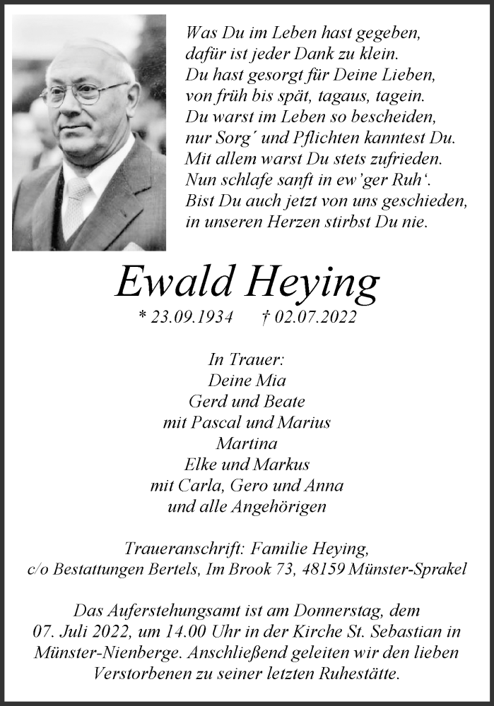  Traueranzeige für Ewald Heying vom 05.07.2022 aus 