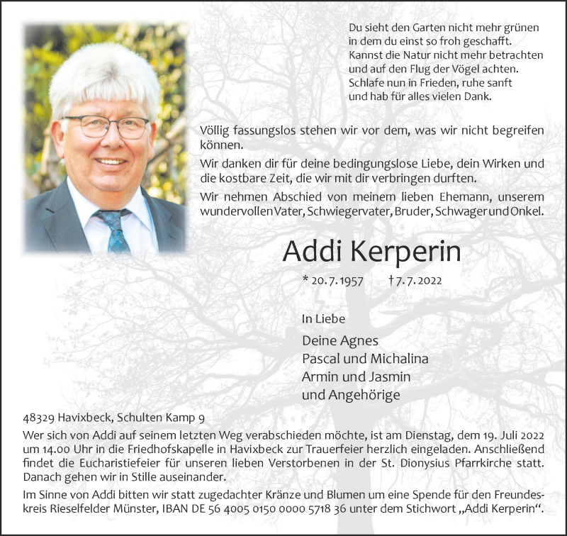 Traueranzeige für Addi Kerperin vom 09.07.2022 aus 