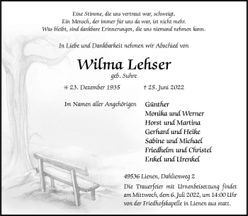 Anzeige von Wilma Lehser 
