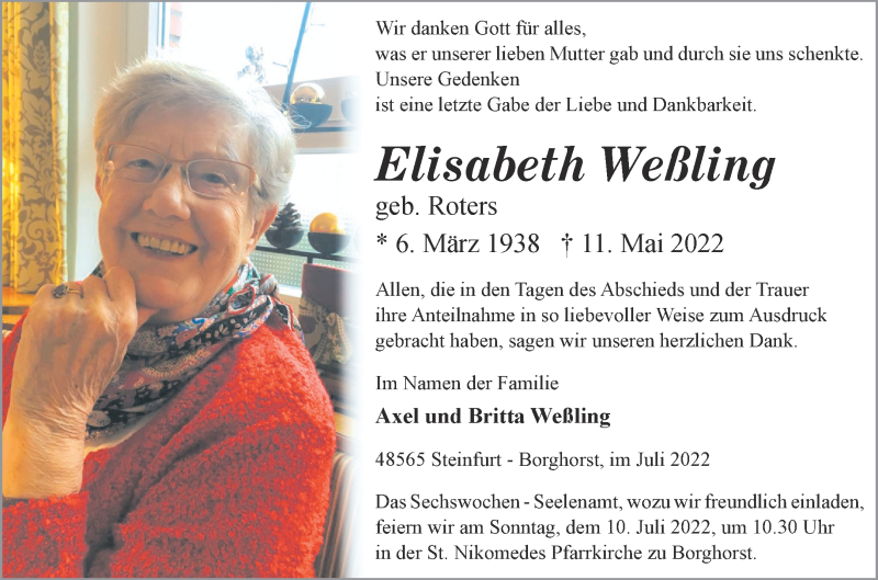  Traueranzeige für Elisabeth Weßling vom 02.07.2022 aus 
