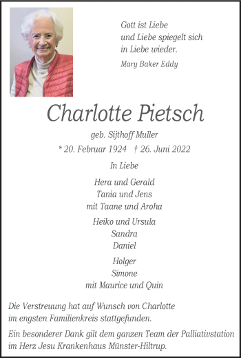 Anzeige von Charlotte Pietsch 
