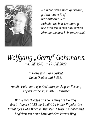 Anzeige von Wolfgang Gerry Gehrmann 