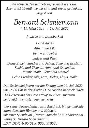 Anzeige von Bernard Schmiemann 