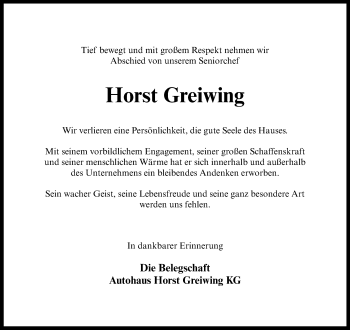 Anzeige von Horst Greiwing 