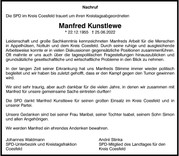 Anzeige von Manfred Kunstlewe 