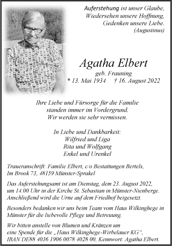 Anzeige von Agatha Elbert 