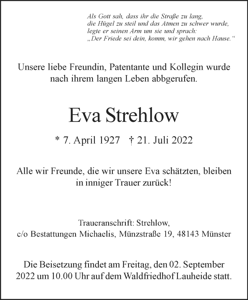  Traueranzeige für Eva Strehlov vom 20.08.2022 aus 
