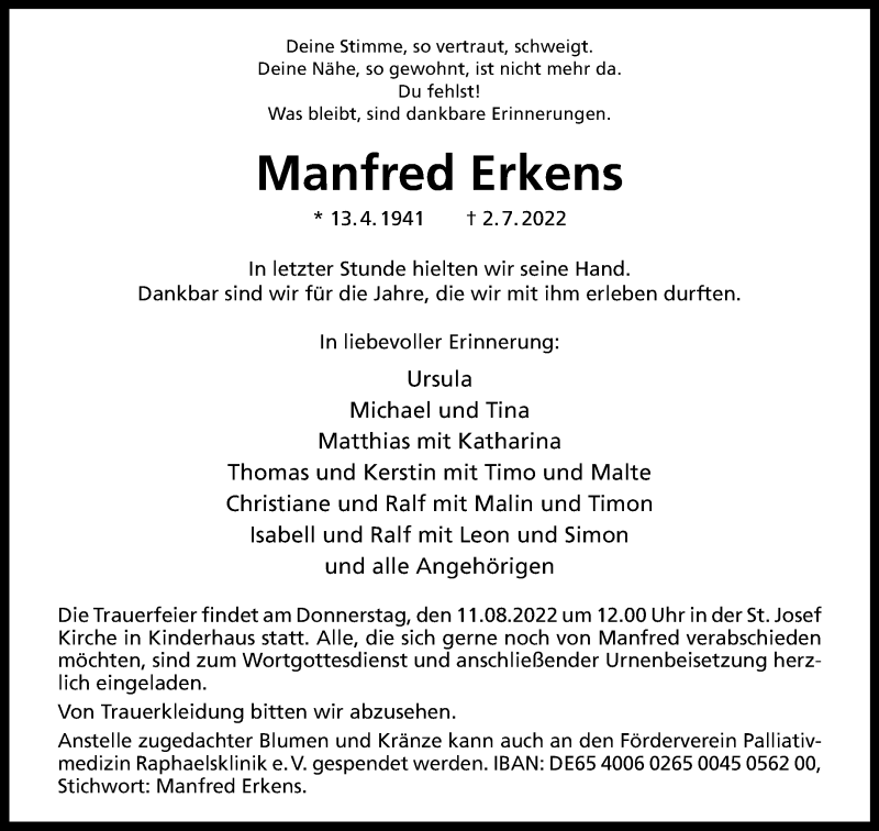  Traueranzeige für Manfred Erkens vom 06.08.2022 aus 