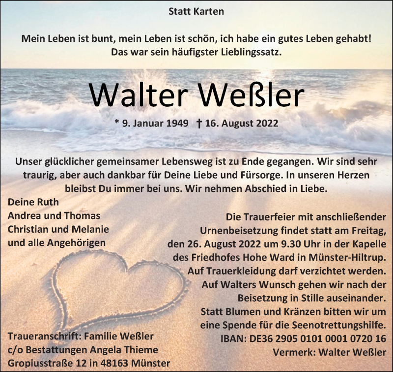  Traueranzeige für Walter Weßler vom 20.08.2022 aus 