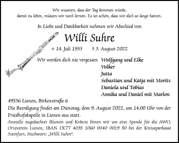 Anzeige von Willi Suhre 