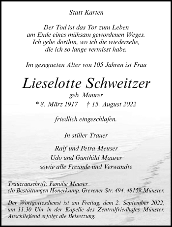 Anzeige von Lieselotte Schweitzer 