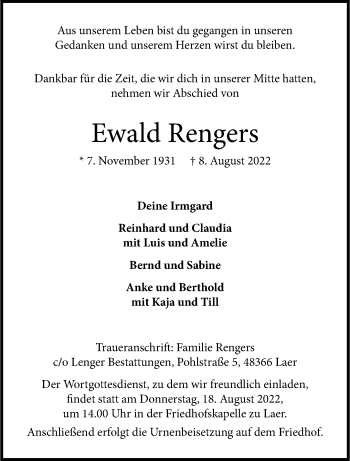 Anzeige von Ewald Rengers 