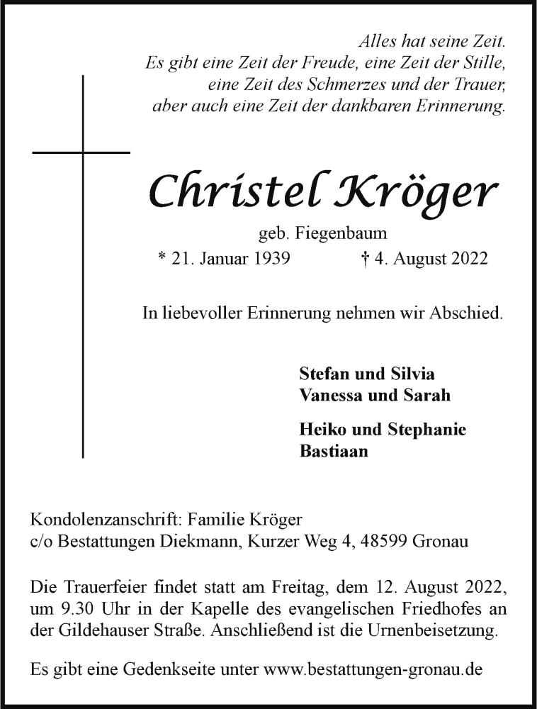  Traueranzeige für Christel Kröger vom 06.08.2022 aus 
