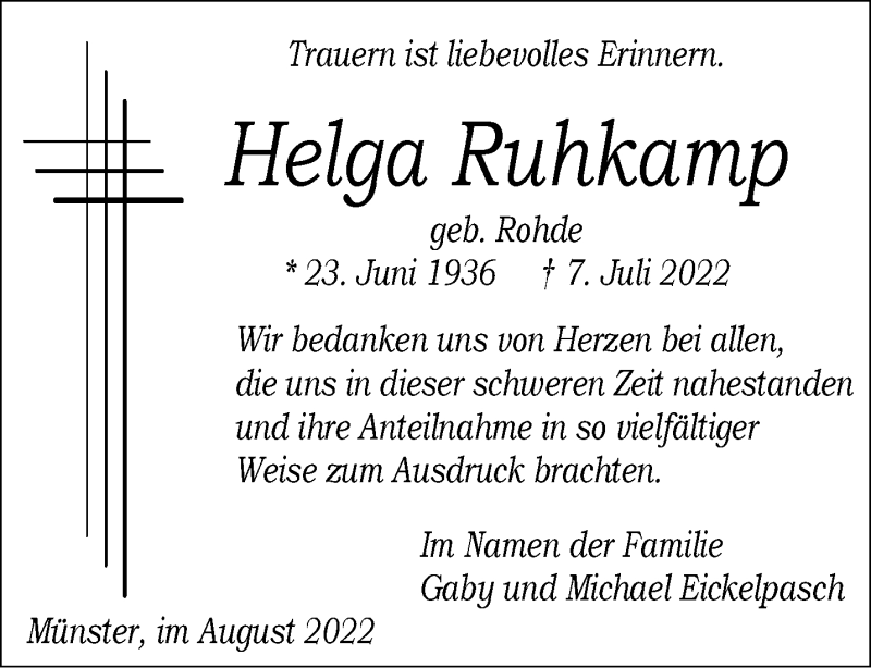  Traueranzeige für Helga Ruhkamp vom 27.08.2022 aus 