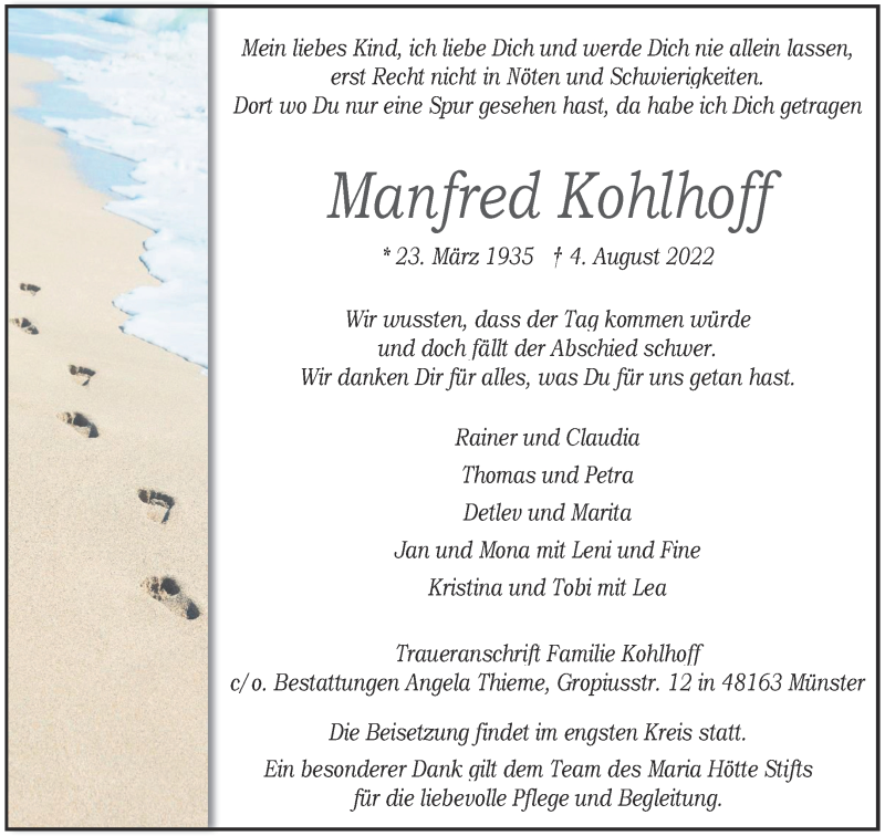  Traueranzeige für Manfred Kohlhoff vom 13.08.2022 aus 